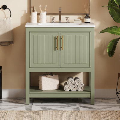Meuble-lavabo vert de 30 pouces avec lavabo en céramique et rangement polyvalent - idéal pour les petites salles de bain