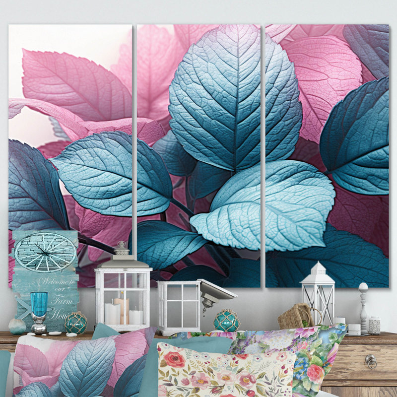 Pink Turquoise Leaf Of Splendor Plants & Flowers Wall Decor on Metal