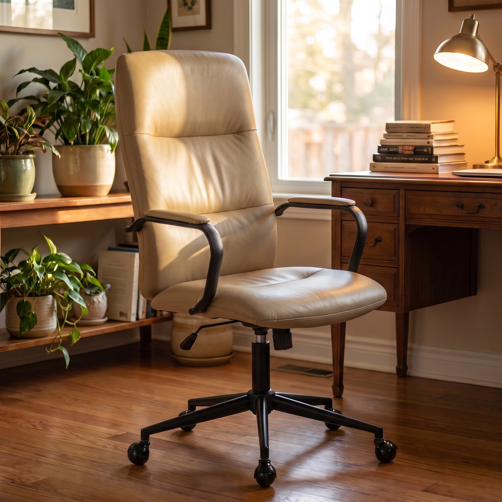 Mid-century Faux Leather High Back Office Chair – Softly Padded, Height Adjustable, with Armrests – Versatile Desk Chair for Home Office, Study, or Vanity Makeup Room