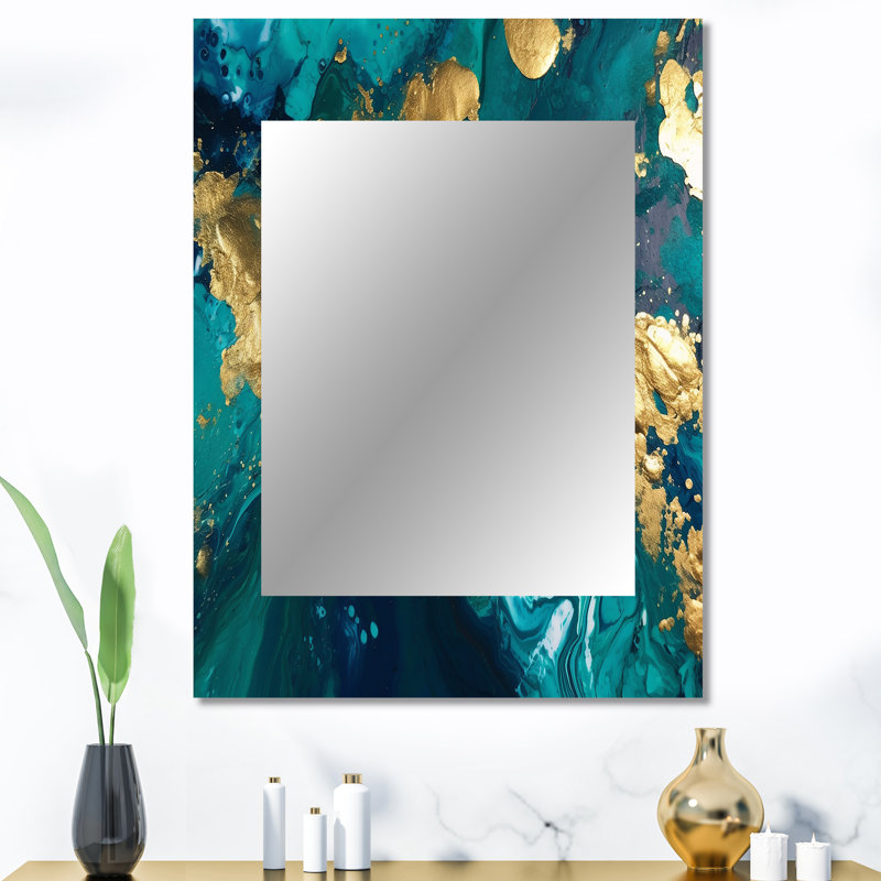 Sarcelle et or liquide Magic II - miroir mural abstrait, miroir décoratif moderne, impression d'art en métal, 40 po x 30 po