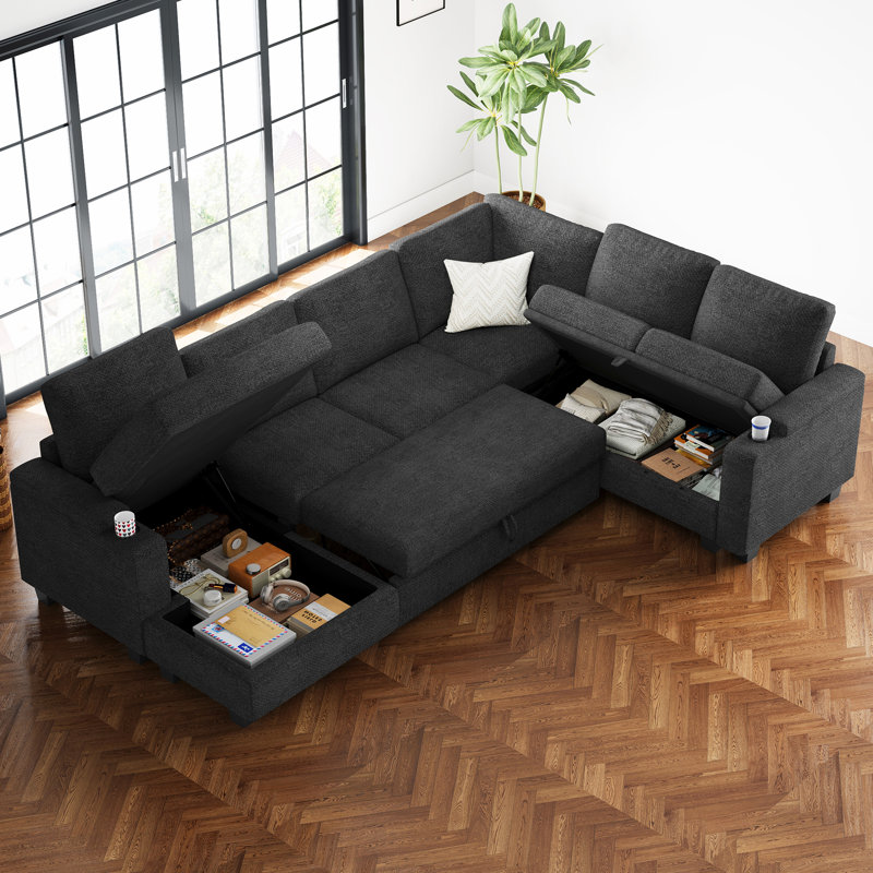 Januelle Bujesily Chenille Large U Shaped Couch Large Pull Out Sleeper Sectional Sofa Bed Storage Seat Modular Couch With Storage Chaise