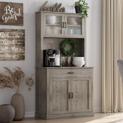Armoire de cuisine de 71 po de hauteur avec support pour micro-ondes, huche de café autoportante avec 4 portes et tablettes réglables