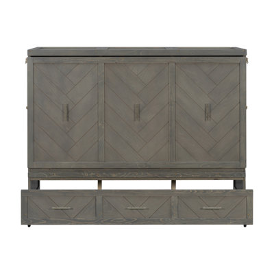 Queen Size Pine Wood Murphy Cabinet Bed with Built-in USB Charging and Geometric Panel – Grey