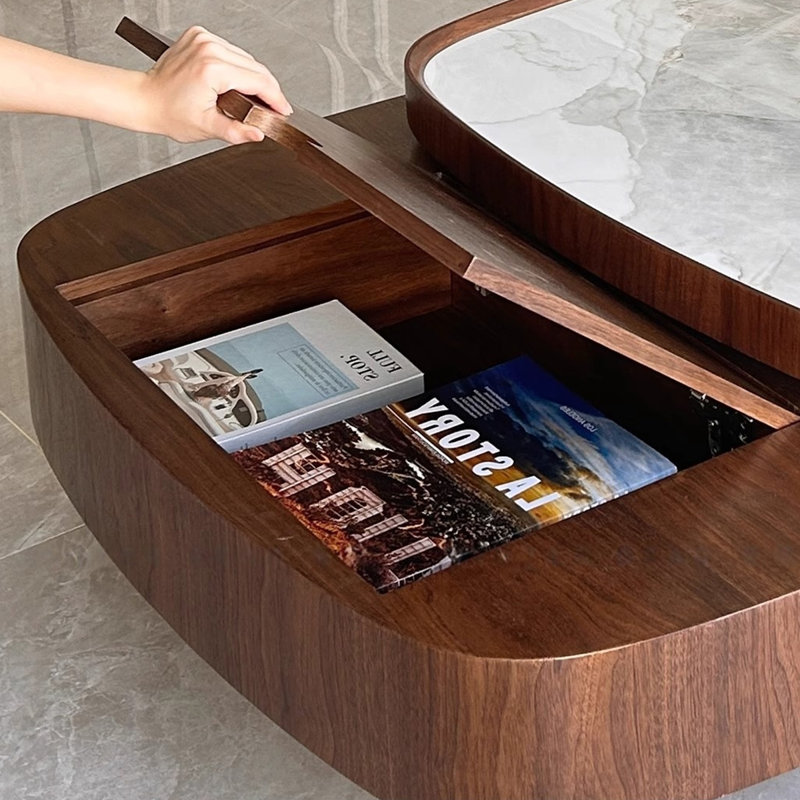 Table basse carrée en noyer fritté + bois manufacturé
