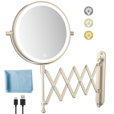 Round Nickel Metal LED Lighted Magnifying Extension Wall Mounted Bathroom Vanity Makeup Mirror