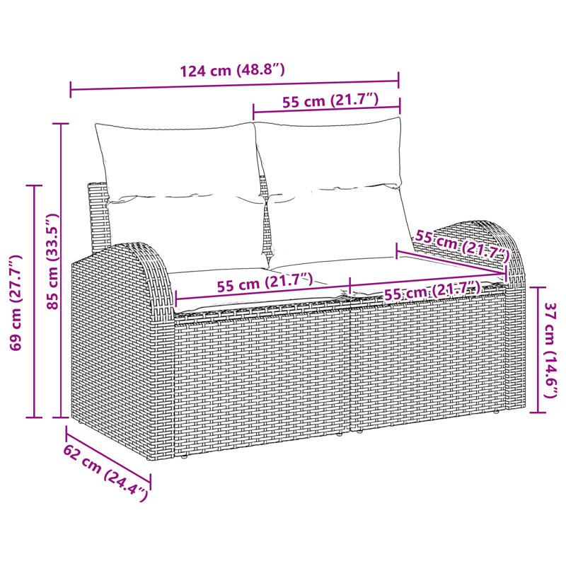 2-Seater Garden Sofa With Cushions Brown Poly Rattan, Brown