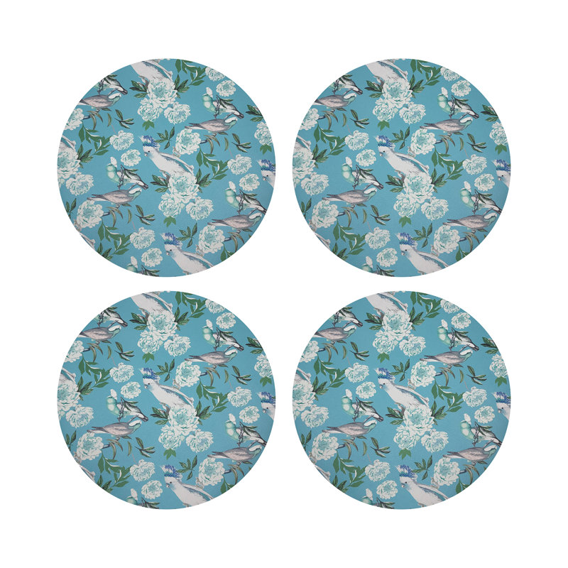 Peony Inspira Breakers Vegan Leather Round Coasters, Azur
