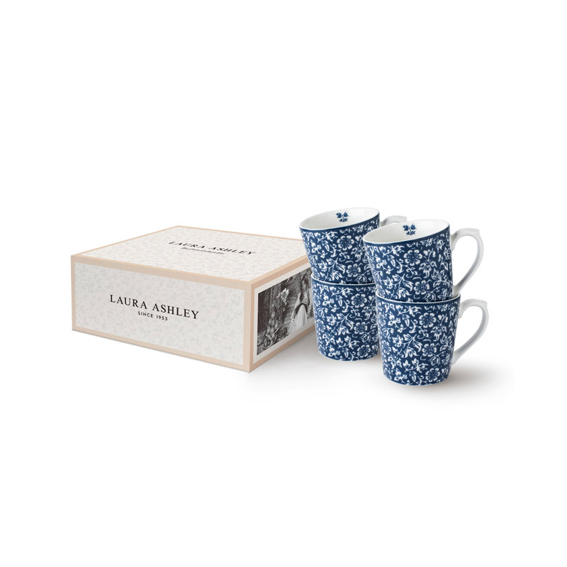 Set of 4 Blue and White Ceramic Floral Mugs