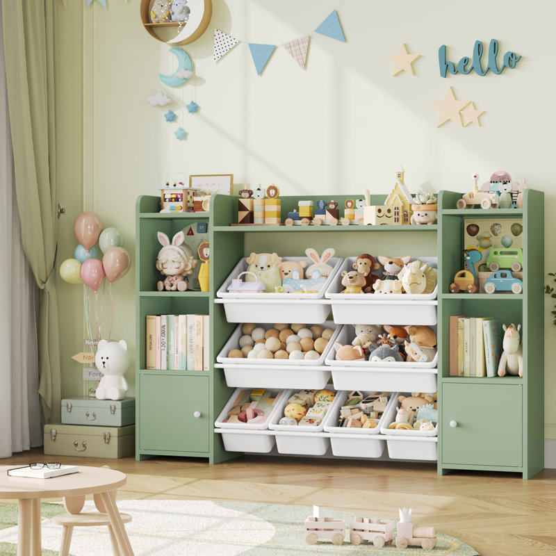 Lafon Manufactured Wood Toy Organizer with Bins, Green/White