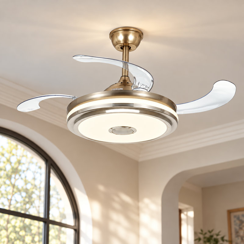 Ventilateur de plafond de 42 po à pales rétractables avec lumière DEL et haut-parleur Bluetooth, ventilateur de plafond moderne à 3 vitesses à intensité variable avec télécommande pour le salon, la chambre à coucher, la salle à manger