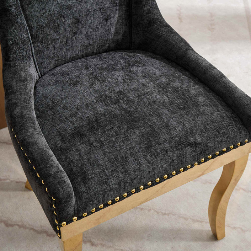 Ensemble de 2 chaises en chenille avec pieds courbés et garniture de rivets, Noir