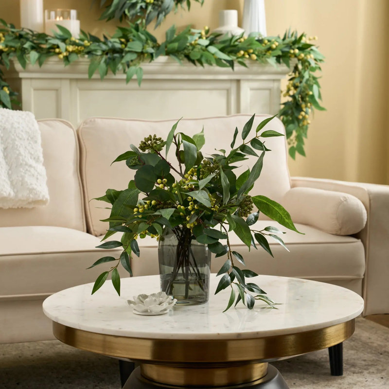 Lifelike Seed Pod Needle Leaf & Silver Dollar Eucalyptus, Smilax & Pepperberry Everyday Greenery Water Illusion Arrangement in Smoke Glass Vase