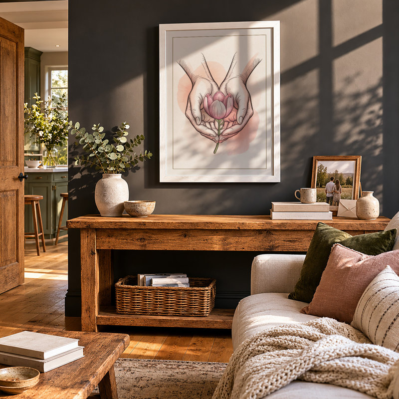Hands Cradling Lotus Botanical - Framed Print, A4 - 29.7 x 21.0 cm, White