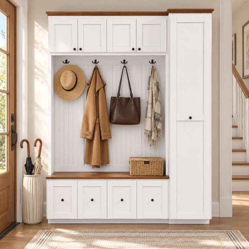 Grand arbre d'entrée 79 po avec armoire de rangement utilitaire, 6 armoires cachées, 4 crochets, banc de rangement et grand rangement sous vide pour le vestibule