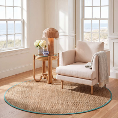 Tapis naturel / bleu sarcelle en lattes de bambou / bleu sarcelle