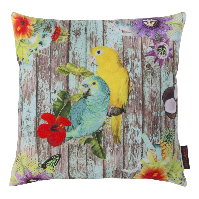 Coussin perroquets Exotic, 15 po x 15 po