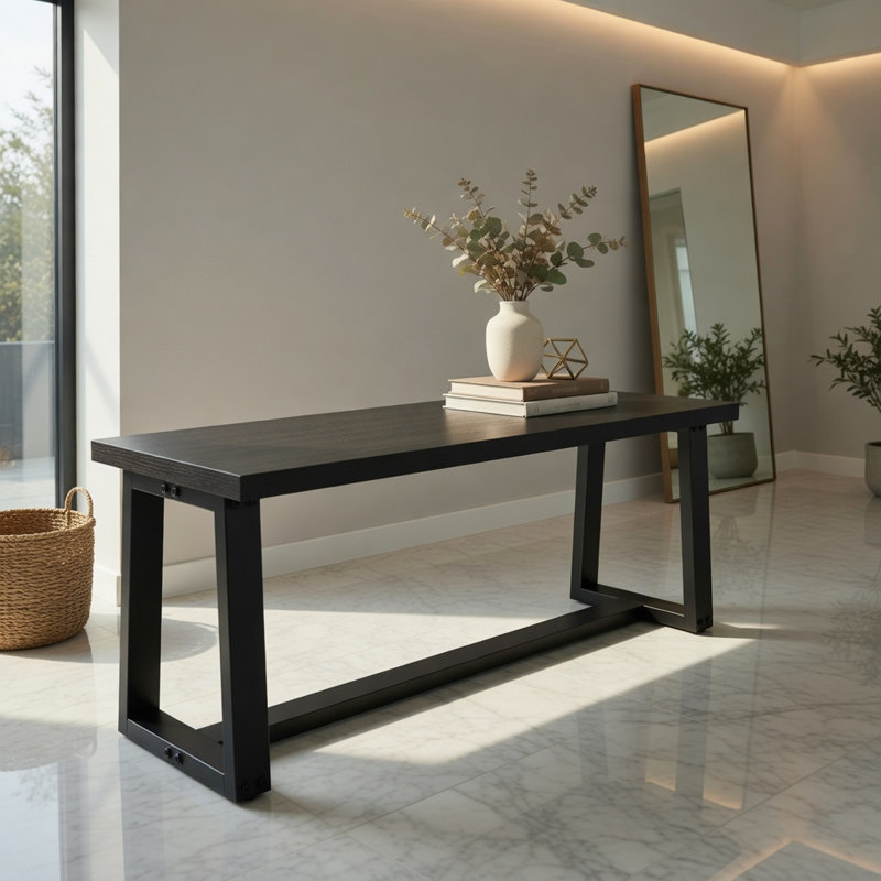Banc de salle à manger réglable en bois noir avec structure en métal - plateau en bois d'acacia, L 56,5 po x l 16,5 po x H 18 po, peut supporter jusqu'à 440 lb