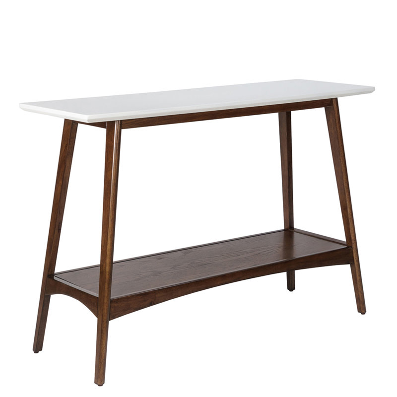 Console Parker avec base en bois et plateau blanc, offrant un rangement pratique et un design élégant pour n'importe quelle pièce.