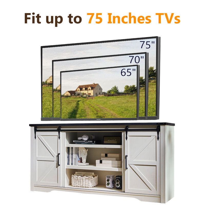 Meuble télé 66 po pour téléviseur de 75 po ou moins avec 2 portes et tiroirs coulissants, Blanc / Blanc