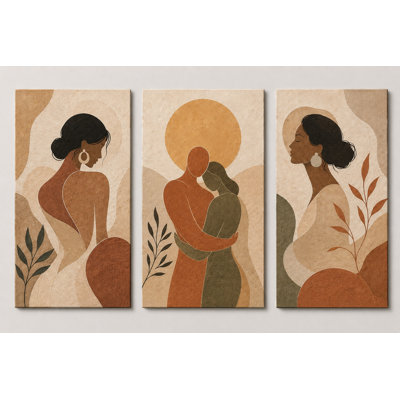 Très grand ensemble de 3 femmes boho abstraites, art mural, terre cuite, impressions sur toile neutres, décoration de chambre à coucher féminine moderne, impression sur toile 24 x 36 pouces - prête à être accrochée
