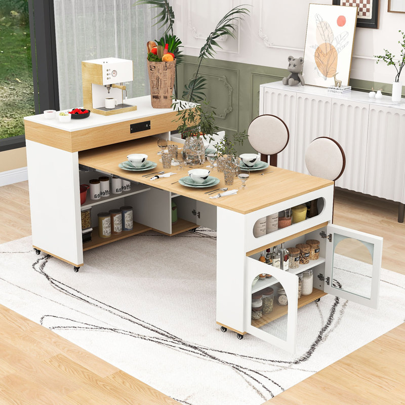 Mobile Kitchen Cart with Extendable Tabletop, Built-In Power Outlet, Hidden Storage and Locking Wheels, Creamy White/Natural