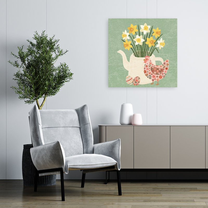 Imprimé mural de Pâques paques et jonquilles, fleur de jonquille rustique colorée, 32" H x 32" W