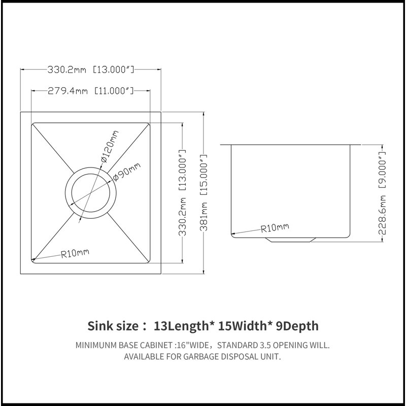13"X15"X9" Undermount Stainless Steel Kitchen Sink 16 Gauge 9 Inch Deep Single Bowl Kitchen Sink Basin