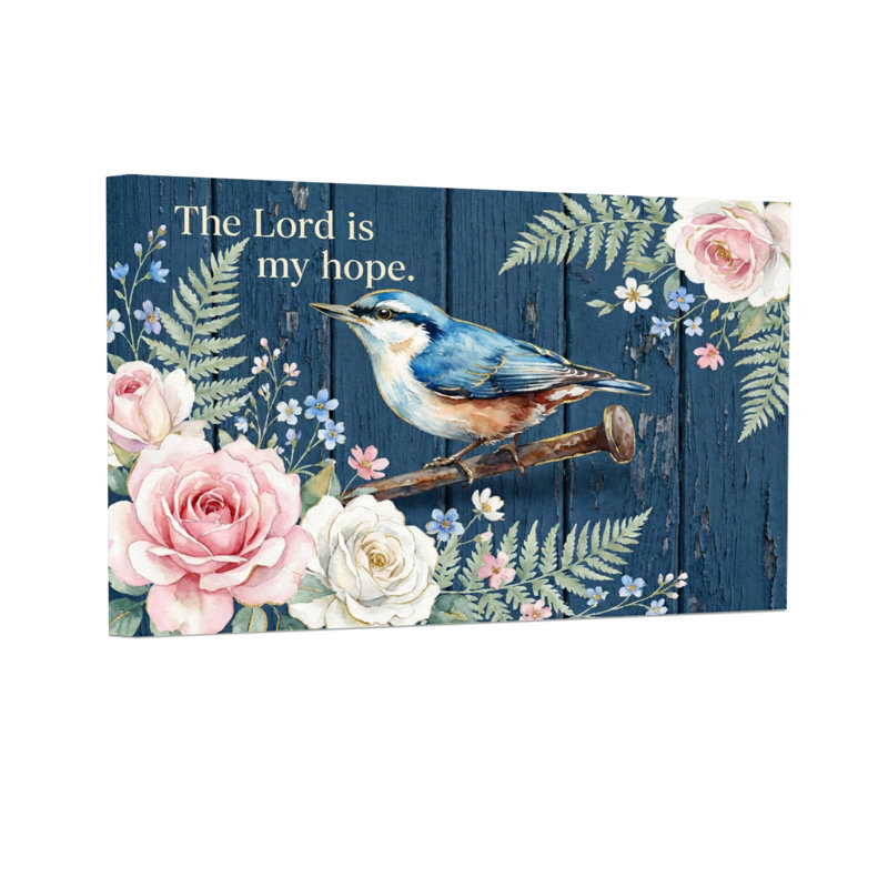 Texte et chiffres, oiseaux bleus, roses, roses, fond floral, H 20 po x l 30 po