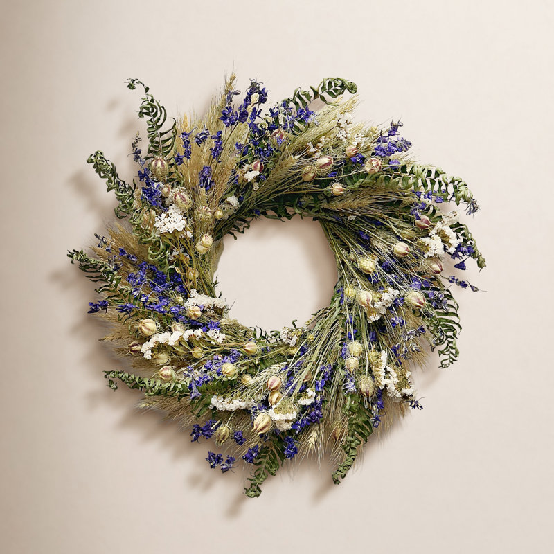 Dried Spring Blue Larkspur and Fern Wreath, 22" W x 22" H x 5" D