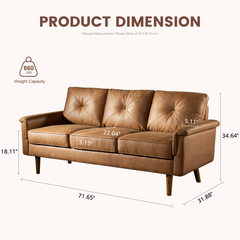 Brevick 71.65'' Upholstered Sofa Mid Century Flared Arm Sofa, Modern Faux Leather Deep Seat Small Couch for Living Room Bedroom Office, Suede Fabric