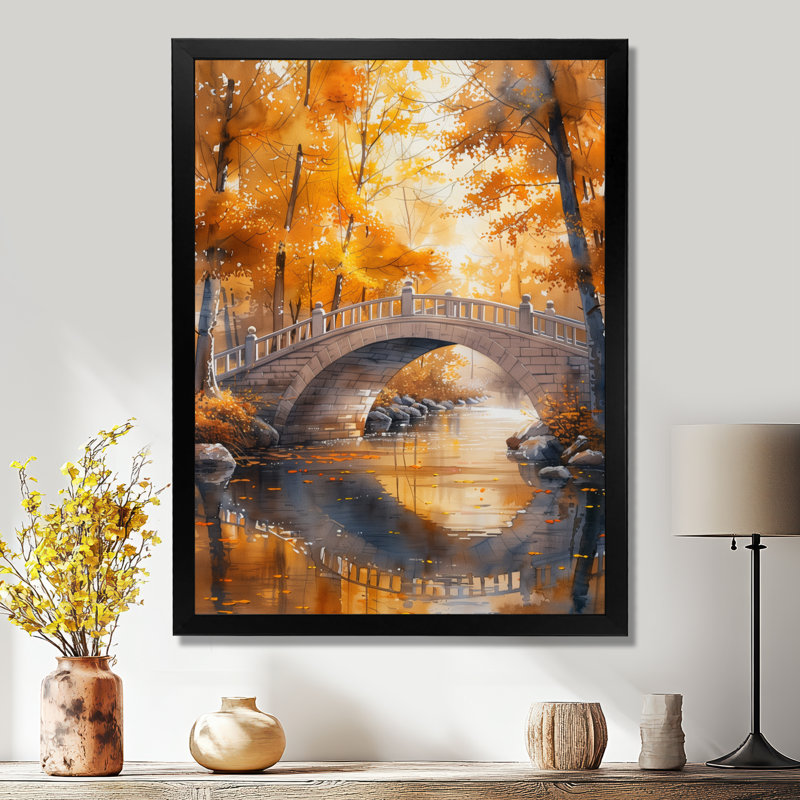 Jaune et beige, automne, rivière de beauté, pont V, H 12 po x l 20 po, Cadre simple noir