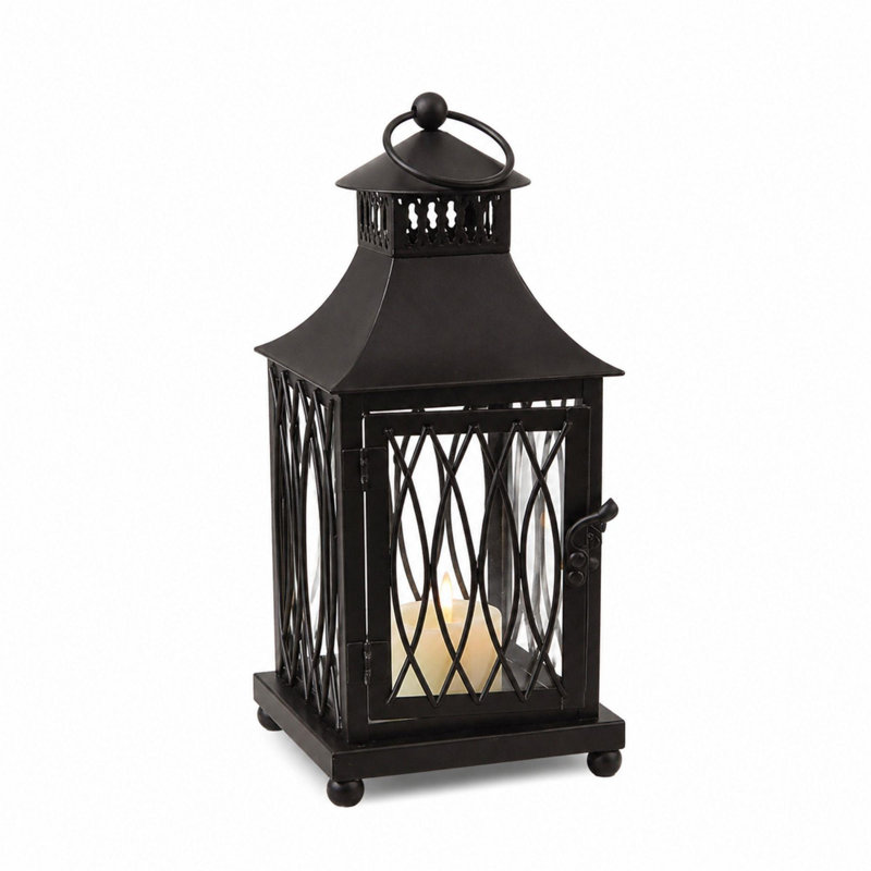 Ensemble de trois bougeoirs de lanterne de sol en métal et verre géométrique noir