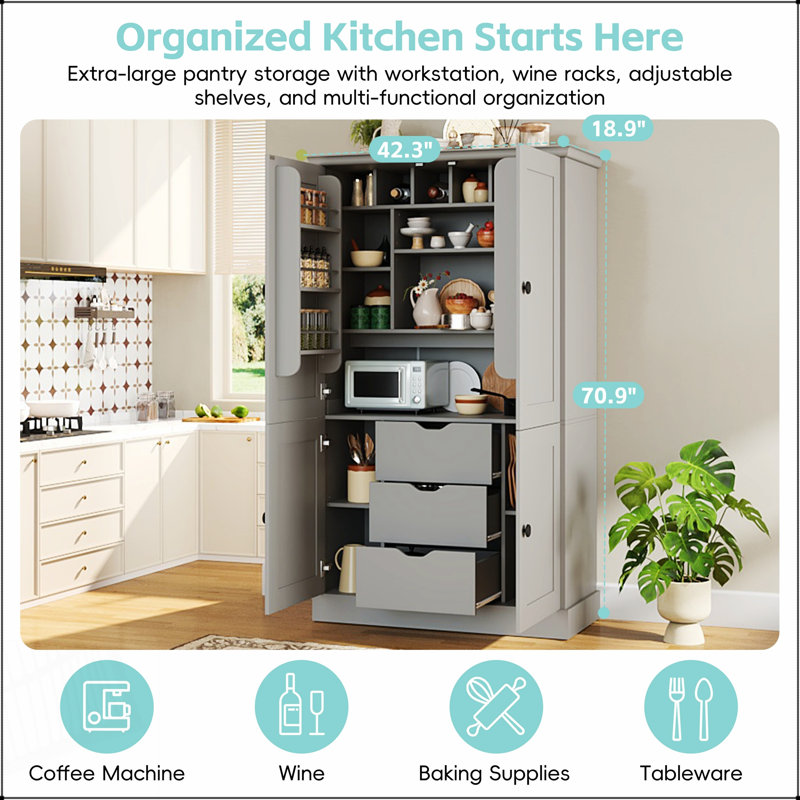Armoire de cuisine autoportante avec 4 portes, 3 tiroirs, 6 tablettes et 6 supports à vin pour un rangement organisé et une conception élégante