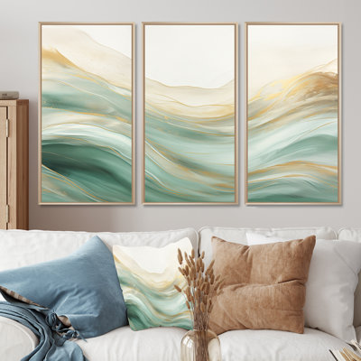 Gold And Green Soft Wave Fusion I - Abstract Shapes Canvas Wall Art Set