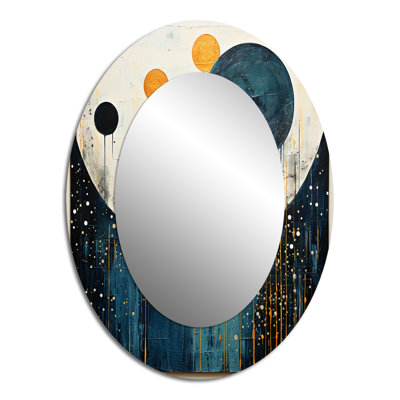Teal Yellow Mid Century Minimalist Rain II - Teal Oval Wall Mirror Decor
