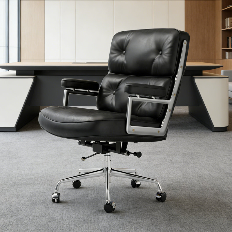 Mid Back Genuine Leather Executive Office Chair With Aluminum Frame, Swivel Computer Desk Chair, Genuine Leather Black