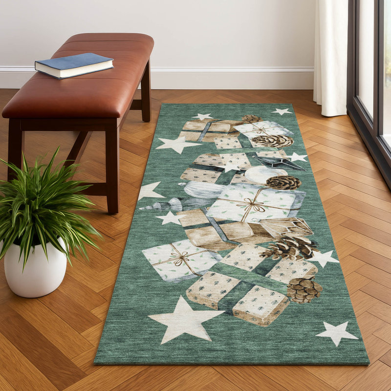 Premium Machine Washable Castillon AMF1825 Stars and Presents Holiday Rug, Runner 2'3" x 7'6"