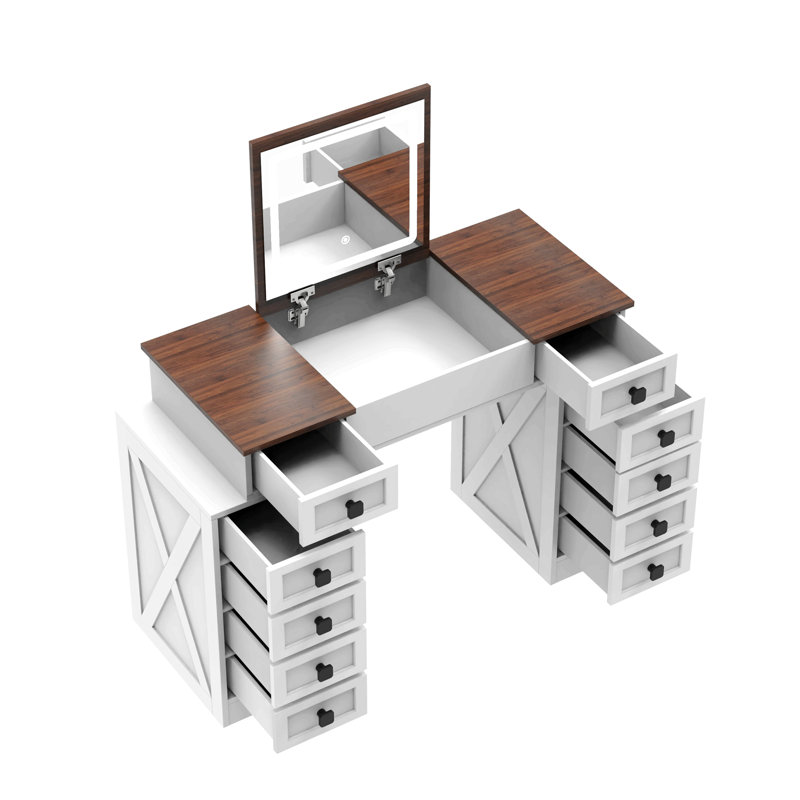 Bureau de coiffeuse avec lumière DEL à intensité variable avec 10 tiroirs, table de maquillage avec miroir rabattable