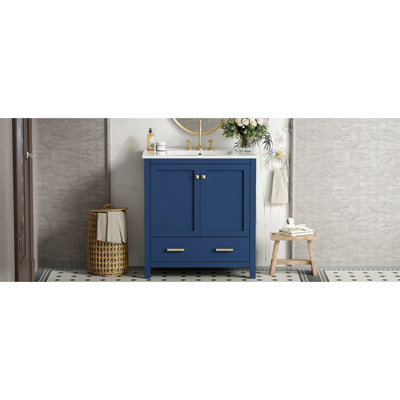 Meuble-lavabo bleu de 30 po avec lavabo en céramique. Fabrication en bois massif. Portes et tiroirs de rangement multifonctionnels. Pour des meubles à utilisation silencieuse. Armoire pour lavabo simple. Matériau en bois. Portes, décoration moderne