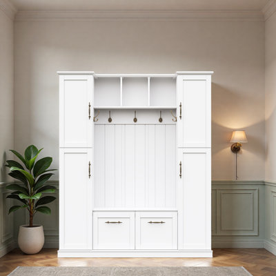 Farmhouse Elegant Hall Tree with 4 Side Cabinets, All-in-One Mudroom Furniture with Adjustable Shelves  Open Cubbies