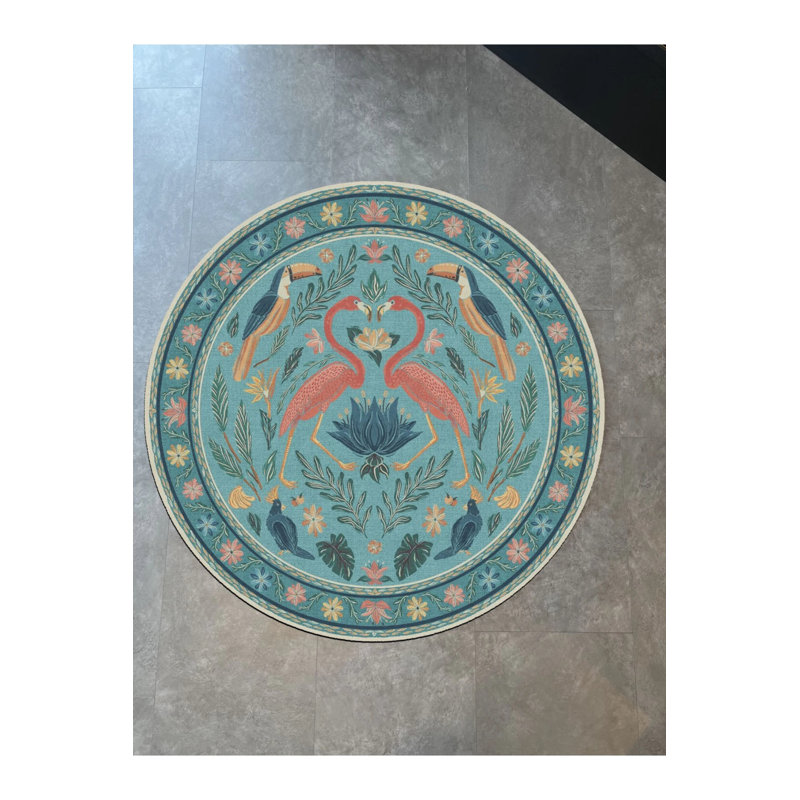Turquoise Flamingo And Nature Color Woven Base Carpet Risch, Round 2'8"