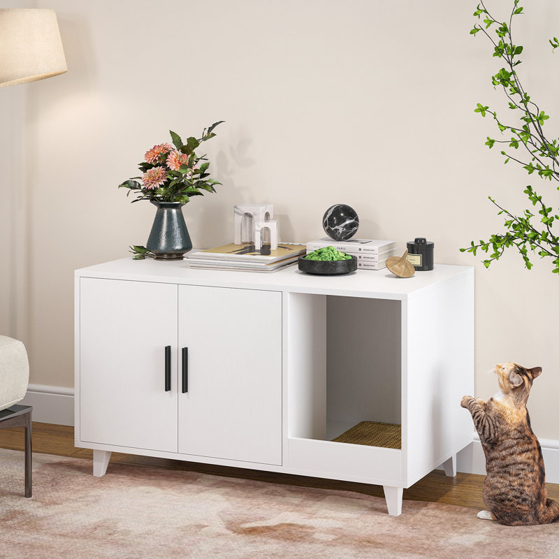 Meuble de rangement pour litière avec chat, Blanc