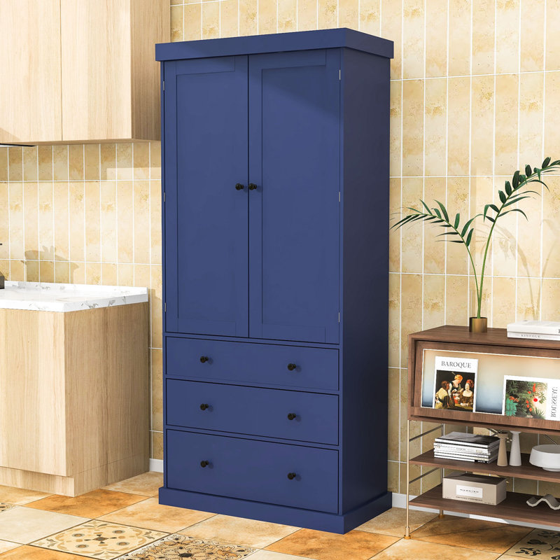 Garde-manger Natalene, armoire haute autoportante avec 3 tiroirs et tablettes réglables, Crème