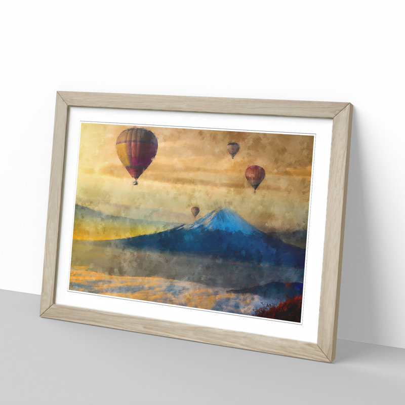 Hot Air Balloons Above Mount Fuji - Picture Frame Painting Print, 62cm H x 87cm W x 2cm D, Oak Framed