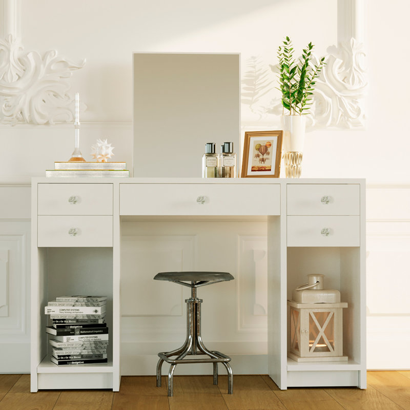 Christina Modern White Vanity Desk with Mirrored Center & Storage