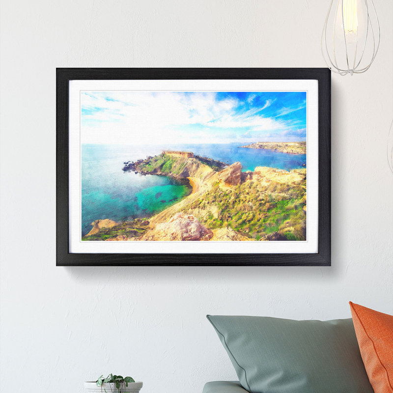 Sea View From Malta - Single Picture Frame Painting on MDF, 33cm H x 45cm W x 2cm D, Black