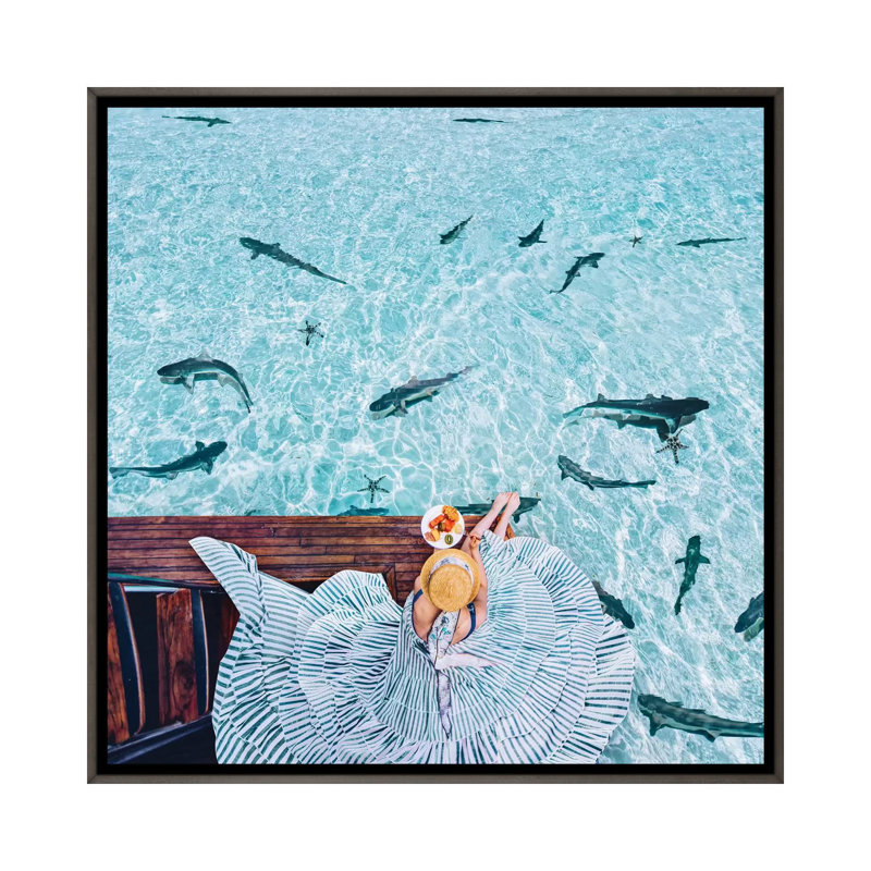 " Breakfast With Sharks " by Hobopeeba, No Mat, Dark Rustic Wood Framed Canvas, 18" H x 18" W x 1.5" D