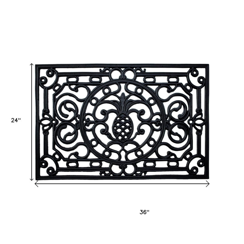 Tapis de porte d'extérieur en caoutchouc noir à motif ananas et volutes, 61 x 91 cm