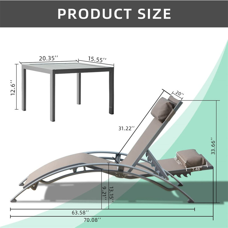 Lingeswaran Patio Adjustable Aluminum Chaise Lounge Set with Table & Pillow, Khaki