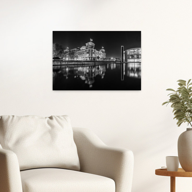 Reichstag, nuit, réflexion, art abstrait moderne, impression d'art mural de la ville, H 16 po x l 24 po